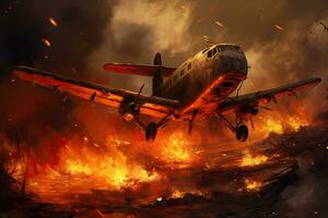Flugzeug im das Flammen von ein Feuer. 3d Illustration, das Flugzeug abgestürzt zu das Boden, ai generiert foto