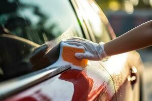 Hand von ein Frau im ein Weiß Handschuh wäscht das Auto mit ein Schwamm, Menschen Hand schließen oben Reinigung Auto mit ein Schwamm beim das Auto waschen, ai generiert foto