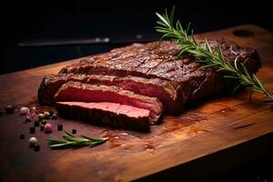 gegrillt Rindfleisch Steak mit Rosmarin und Pfefferkörner auf hölzern Planke, Stück von Rumpf Steak auf Schneiden Planke, schließen hoch, ai generiert foto