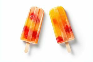 Obst Eis Sahne auf ein Stock isoliert auf ein Weiß Hintergrund, Orange und Erdbeere Eis am Stiel isoliert auf Weiß Hintergrund, ai generiert foto