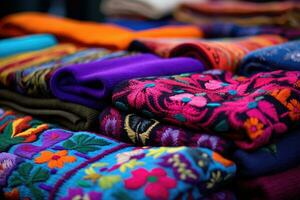 bunt gestrickt Schals im ein Markt, Nahansicht von Foto, bunt gestickt dekorativ Textil- von otavalo Stadt beim das Handwerker Markt, ai generiert foto