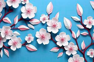 Kirsche blühen auf Blau Hintergrund. 3d Illustration. Papier Schnitt Stil, Rosa und Weiß Blumen auf ein Blau Hintergrund, ai generiert foto