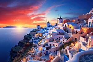 Santorin, Griechenland. schön Aussicht von das berühmt oia Dorf beim Sonnenuntergang, oia Sonnenuntergang, Santorini Insel, Griechenland, ai generiert foto