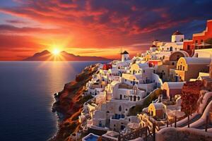 oia Dorf auf Santorini Insel beim Sonnenuntergang, Griechenland, oia Sonnenuntergang, Santorini Insel, Griechenland, ai generiert foto