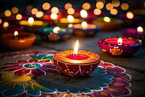 indisch Festival Diwali, Diya Öl Lampen zündete auf bunt Rangoli. Hindu traditionell, Öl Lampen zündete auf bunt Rangoli während Diwali Feier, ai generiert foto