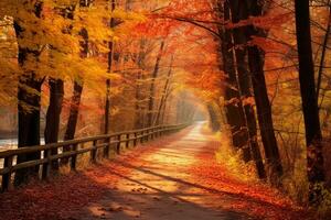 Herbst Straße im das Wald. Herbst Landschaft. Natur Hintergrund, nett Weg im Herbst Farben, ai generiert foto