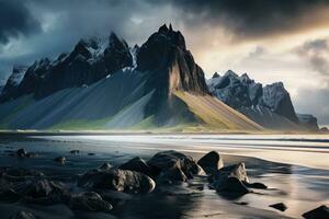 schön Landschaft von Vestrahorn Berg im Island. getönt, majestätisch Sommer- Szene von stokksnes Landspitze mit Vestrahorn Batman Berg auf Hintergrund, ai generiert foto