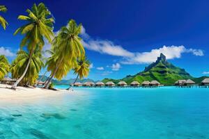 schön Strand mit Wasser Bungalows und Palme Bäume beim Malediven, Luxus über Wasser Villen mit Kokosnuss Palme Bäume, Blau Lagune, Weiß sandig Strand beim Bora Bora Insel, Tahiti, französisch, ai generiert foto