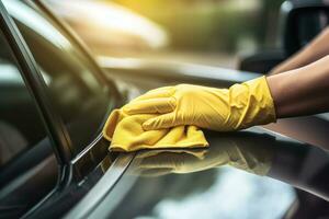 schließen oben von Hand im Gelb Handschuhe Reinigung Auto Fenster mit Mikrofaser Tuch, männlich Arbeiter Hand schließen oben Reinigung Auto Armaturenbrett, ai generiert foto