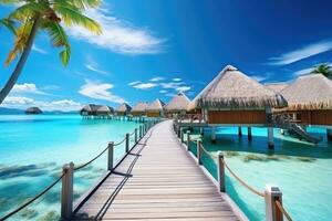 tropisch Strand im Malediven mit wenige Palme Bäume und Blau Lagune, Luxus Reise Ferien Ziel Panorama- Banner. romantisch Flitterwochen Flucht im über Wasser Bungalows Villen, ai generiert foto