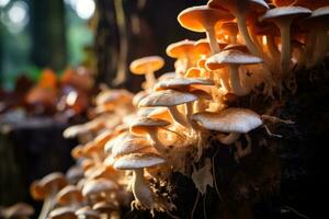 Pilze wachsend auf ein tot Baum im das Wald im Herbst, Pilz Anbau im das wild, Nahaufnahme, selektiv Fokus, ai generiert foto