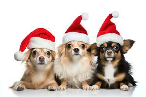 Gruppe von Chihuahua im Weihnachten Hüte isoliert auf Weiß Hintergrund, Gruppe von Hunde tragen Weihnachten Hüte, isoliert auf Weiß Hintergrund, ai generiert foto