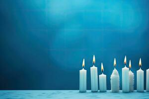 Kerzen auf Blau Hintergrund mit Kopieren Raum. 3d Wiedergabe, glücklich Geburtstag Kerzen auf Blau Hintergrund mit Kopieren Raum zum Text, ai generiert foto