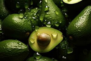 frisch Avocados mit Wasser Tropfen, Nahaufnahme. tropisch Früchte, Naturen Grün Edelsteine ein fesselnd Schnappschuss von Avocado, ai generiert foto