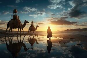 Silhouette von Muslim Frau mit Kamele beim Sonnenuntergang. 3d Wiedergabe, Spiel das Bild, ai generiert foto