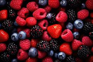 Hintergrund von frisch Himbeeren, Brombeeren, Blaubeeren und Erdbeeren, Himbeere, Blaubeere, Brombeere, Erdbeere und Himbeere Hintergrund, ai generiert foto