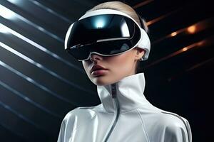 futuristisch Frau tragen virtuell Wirklichkeit Brille. 3d Wiedergabe, Porträt von futuristisch Mädchen tragen virtuell Wirklichkeit Brille. 3d Wiedergabe, ai generiert foto