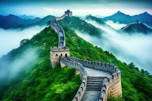 majestätisch großartig Mauer von China Über das neblig Morgen Landschaft, das großartig Mauer von China im das Nebel , Lügen lang, Surrealist Aussicht von Drohne Fotografie, 8 Tausend , ai generiert foto