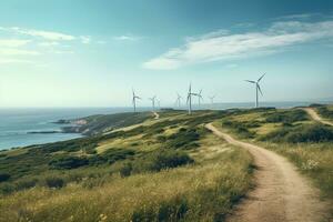 Wind Turbinen auf ein Düne im das Süd von England, Vereinigtes Königreich, Aussicht von Kap Kaliakra zu ein Off-Shore Wind Bauernhof im Bulgarien, ai generiert foto