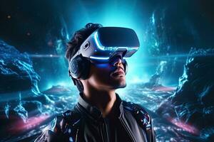 Porträt von ein futuristisch Mann tragen virtuell Wirklichkeit Brille. Sci-Fi Hintergrund, jung Mann Rückseite Aussicht mit virtuell Wirklichkeit Headset oder 3d Brille. gemischt Medien, ai generiert foto