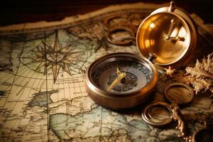 Kompass und alt Karte auf hölzern Hintergrund. Jahrgang Stil getönt Bild, Jahrgang Karte, Kompass und alt Buch auf alt Karte Hintergrund, ai generiert foto