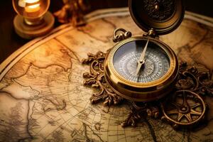 Kompass und alt Karte auf ein dunkel Hintergrund. Jahrgang Stil, Jahrgang Karte, Kompass und alt Buch auf alt Karte Hintergrund, ai generiert foto