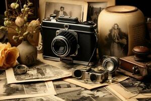 Jahrgang Kamera, alt Fotos und ein Kerze auf ein dunkel Hintergrund, Jahrgang Kamera und alt Fotografien, ai generiert