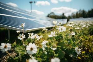 Photovoltaik Paneele und Weiß Blumen im das Wiese, wild Blumen im Vorderseite von Solar- Paneele auf ein Feld, ai generiert foto