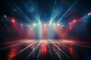leeren Konzert Bühne mit beleuchtet Neon- glühend Scheinwerfer. generativ ai foto
