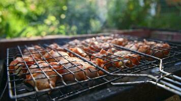 golden braun gegrillt Hähnchen Fleisch ist gekocht auf das Grill draußen foto