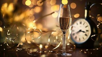 ai generativ Neu Jahre Vorabend Champagner mit Bokeh Licht und Uhr foto