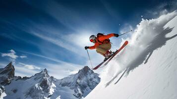 ai generativ Winter extrem Sport cool Schuss von Ski im Bewegung foto