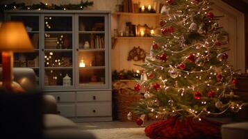 ai generativ schön dekoriert Weihnachten heim, mit Bokeh Beleuchtung und Fenster foto