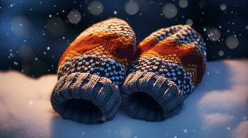 ai generativ Fäustlinge, Schnee Handschuhe im das Schnee im früh Morgen Sonnenlicht foto