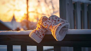 ai generativ Fäustlinge, Schnee Handschuhe im das Schnee im früh Morgen Sonnenlicht foto