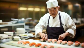 ein Koch ist vorbereiten Sushi auf ein Schneiden Tafel ai generiert foto