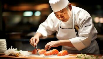 ein Koch ist vorbereiten Sushi auf ein Schneiden Tafel ai generiert foto