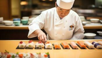 ein Koch ist vorbereiten Sushi auf ein Schneiden Tafel ai generiert foto