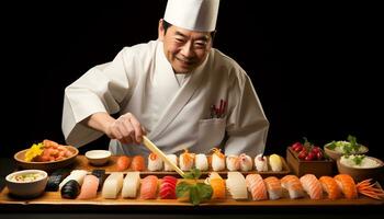 ein Koch ist vorbereiten Sushi auf ein Schneiden Tafel ai generiert foto