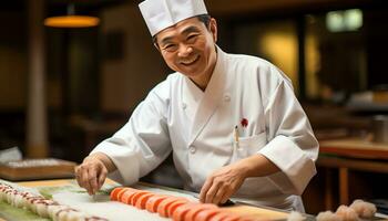 ein Koch ist vorbereiten Sushi auf ein Schneiden Tafel ai generiert foto