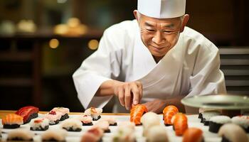 ein Koch ist vorbereiten Sushi auf ein Schneiden Tafel ai generiert foto