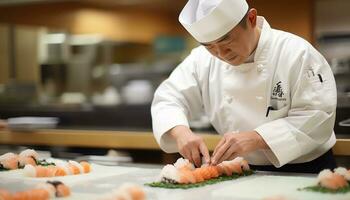 ein Koch ist vorbereiten Sushi auf ein Schneiden Tafel ai generiert foto