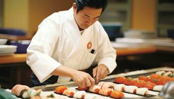 ein Koch ist vorbereiten Sushi auf ein Schneiden Tafel ai generiert foto