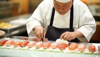 ein Koch ist vorbereiten Sushi auf ein Schneiden Tafel ai generiert foto