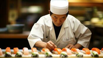 ein Koch ist vorbereiten Sushi auf ein Schneiden Tafel ai generiert foto