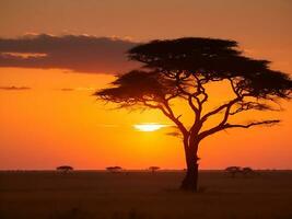 faszinierend Aussicht von das Silhouette von ein Baum im das Savanne Ebenen während Sonnenuntergang generativ ai foto