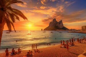 schön Sonnenuntergang beim das Strand im Rio de Janeiro, Brasilien, malerisch Aussicht von cala d'hort tropisch Strand, Menschen aushängen im schön Strand mit es Vedra Felsen Aussicht während herrlich, ai generiert foto