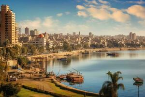 Aussicht von das Nil Fluss und das Stadt von Kairo, Ägypten, Panorama auf Kairo, direkt am Meer von Nil Fluss, ai generiert foto