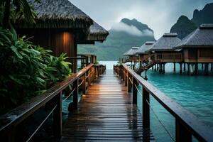 tropisch Strand mit Wasser Bungalows und hölzern Brücke beim Sonnenuntergang, Über Wasser Bungalows mit Schritte in Grün Lagune, ai generiert foto