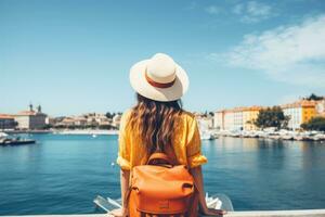 ein jung Frau im ein Hut mit ein Rucksack ist Stehen auf das Damm von das alt Stadt, Dorf von Rovinj, Kroatien, glücklich Reise Frau auf Ferien Konzept. Frau Rückseite Sicht, ai generiert foto